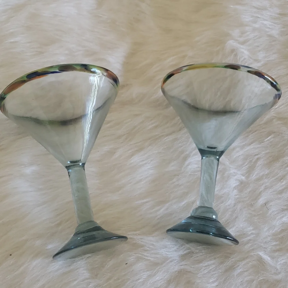PIER I Imports Set of‎ Two Mexican Hand Blown Confetti Rim Clear Martini Glasses